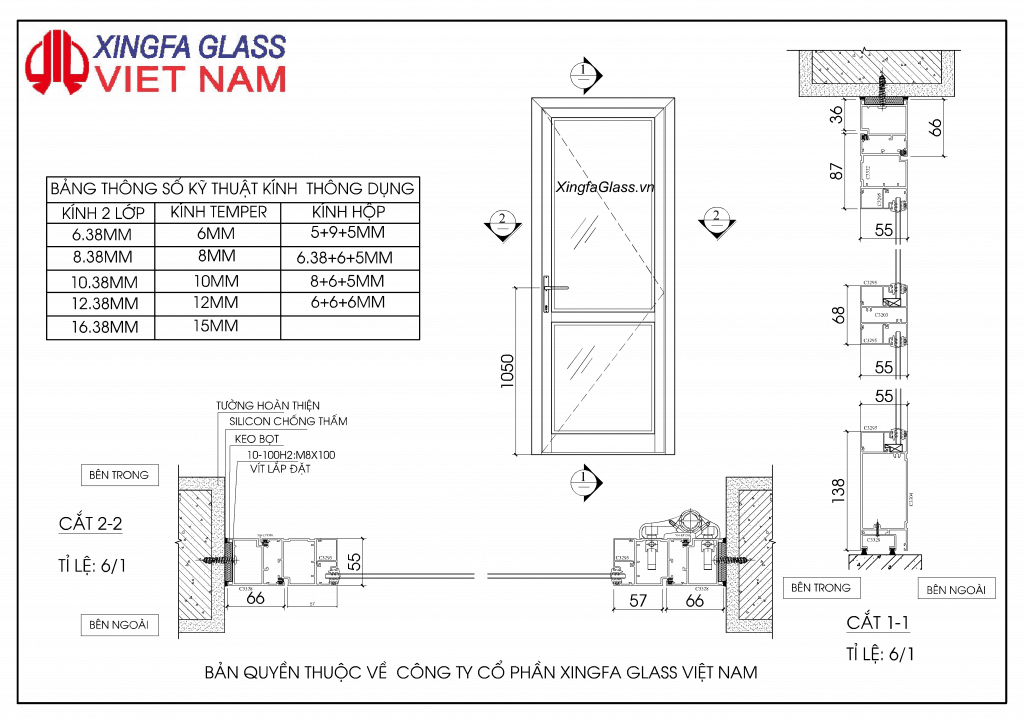 BẢN VẼ KỸ THUẬT CỬA ĐI MỞ QUAY 1 CÁNH NHÔM XINGFA HỆ 55