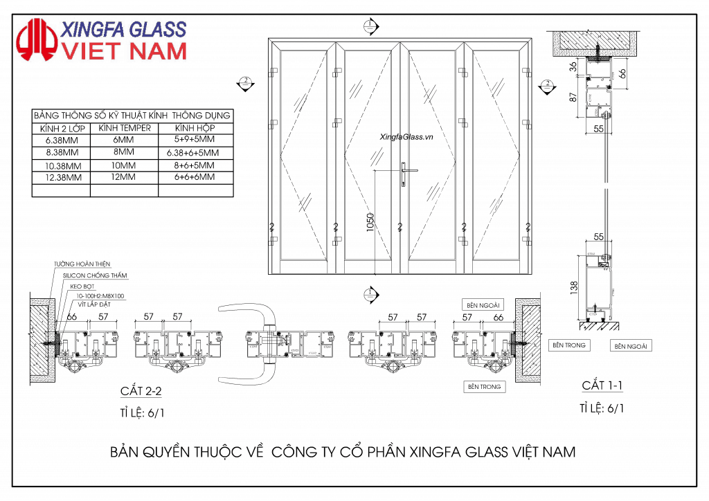 BẢN VẼ KỸ THUẬT CỬA ĐI MỞ QUAY 4 CÁNH NHÔM XINGFA HỆ 55