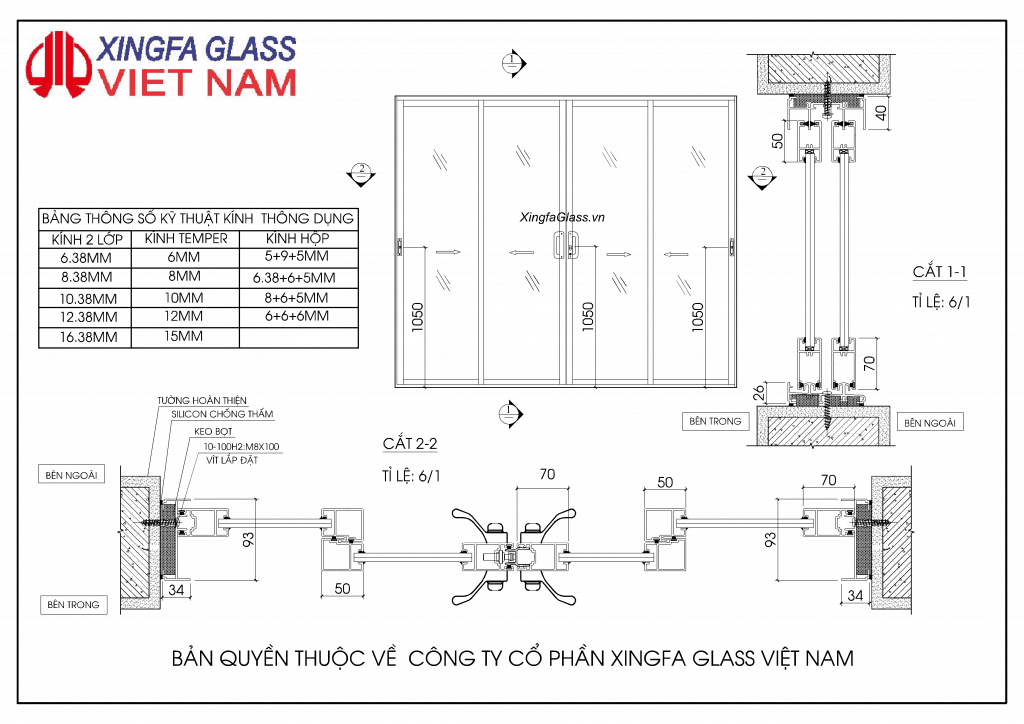 BẢN VẼ KỸ THUẬT CỬA ĐI MỞ TRƯỢT 4 CÁNH NHÔM XINGFA HỆ 93