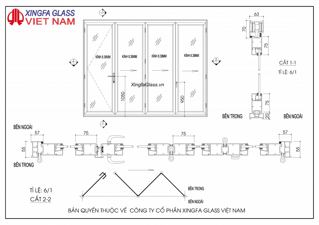 BẢN VẼ KỸ THUẬT CỬA ĐI MỞ XẾP GẤP 4 CÁNH NHÔM XINGFA HỆ 63