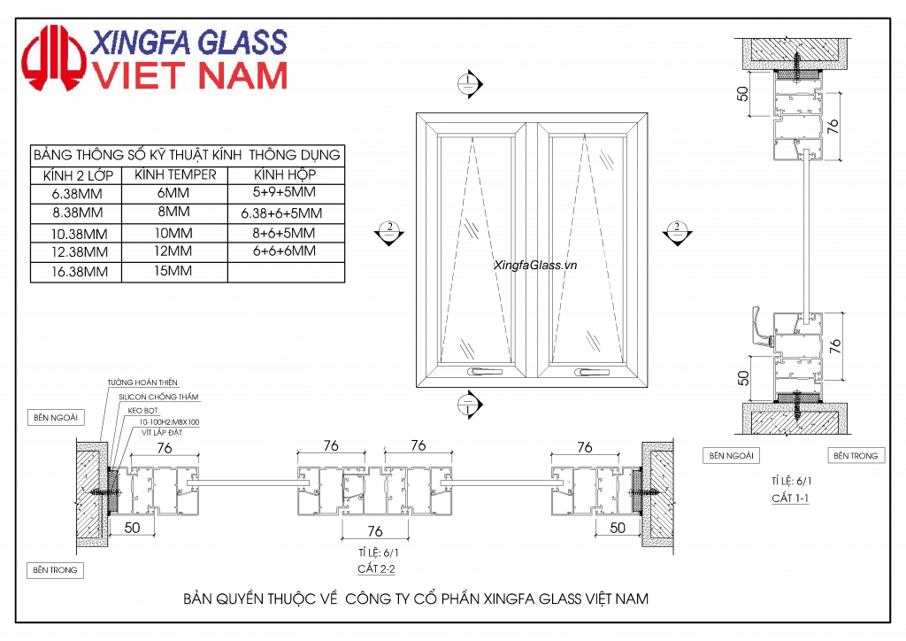 BẢN VẼ KỸ THUẬT CỬA SỔ MỞ HẤT NHÔM XINGFA HỆ 55