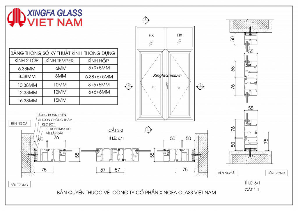 BẢN VẼ KỸ THUẬT CỬA SỔ MỞ QUAY NHÔM XINGFA HỆ 55