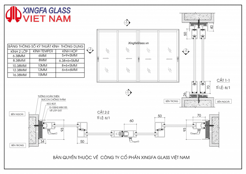 BẢN VẼ KỸ THUẬT CỬA SỔ MỞ TRƯỢT 4 CÁNH NHÔM XINGFA HỆ 93