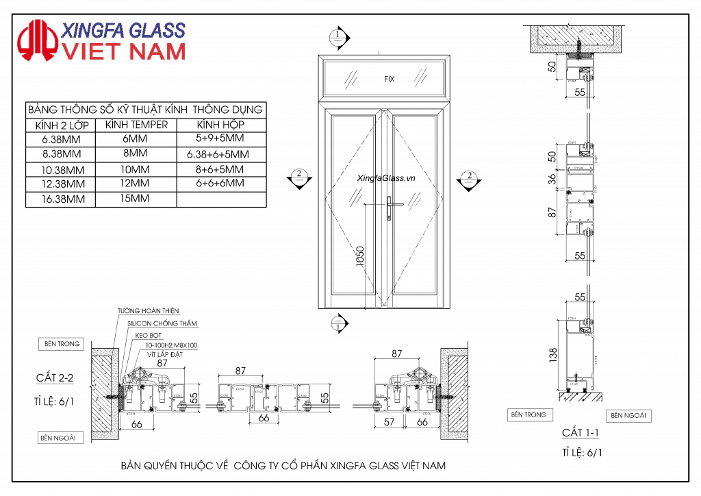 BẢN VẼ KỸ THUẬY CỬA ĐI MỞ QUAY 2 CÁNH NHÔM XINGFA HỆ 55